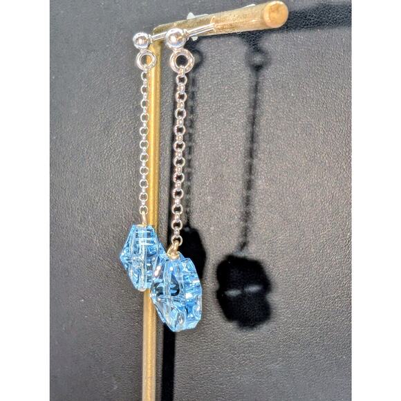 925 Sterling Silver Chain Drop Blue Crystal Flower Dangle Post Pierced Earrings - Picture 3 of 5